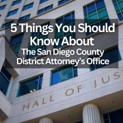 Photo of the Hall of Justice building with text overlay that reads: 5 things you should know about the San Diego County District Attorney's Office.