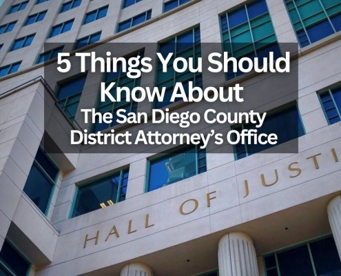 Photo of the Hall of Justice building with text overlay that reads: 5 things you should know about the San Diego County District Attorney's Office.