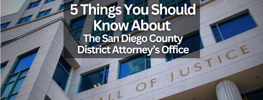 Photo of the Hall of Justice building with text overlay that reads: 5 things you should know about the San Diego County District Attorney's Office.