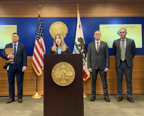 Photo of news conference at the DA's Office as DA Summer Stephan announces charges against Amy Knox for embezzlement of county funds.