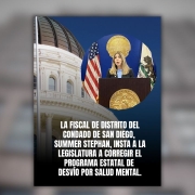 Foto del edificio de la capital de California con una foto de la Fiscal de Distrito Summer Stephan. La Fiscal de Distrito del El texto dice: Condado de San Diego, Summer Stephan, insta a la Legislatura a corregir el programa estatal de desvío por salud mental.