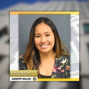 Photo of Departmental Safety Coordinator Lavena Agarma Lavena Agarma with her name and title below then there is a background photo of the Hall of Justice building.