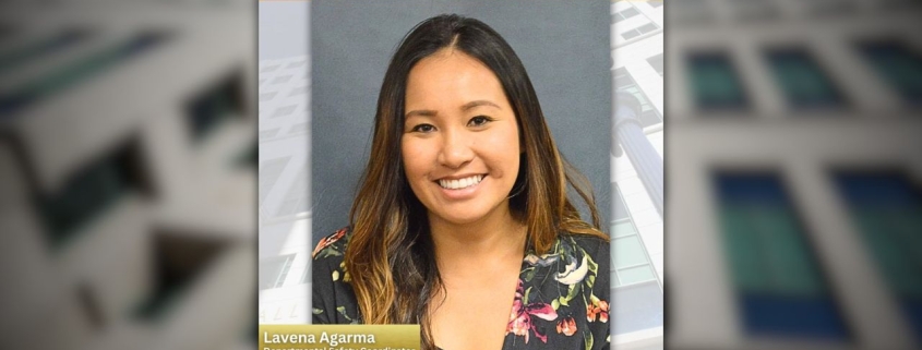 Photo of Departmental Safety Coordinator Lavena Agarma Lavena Agarma with her name and title below then there is a background photo of the Hall of Justice building.