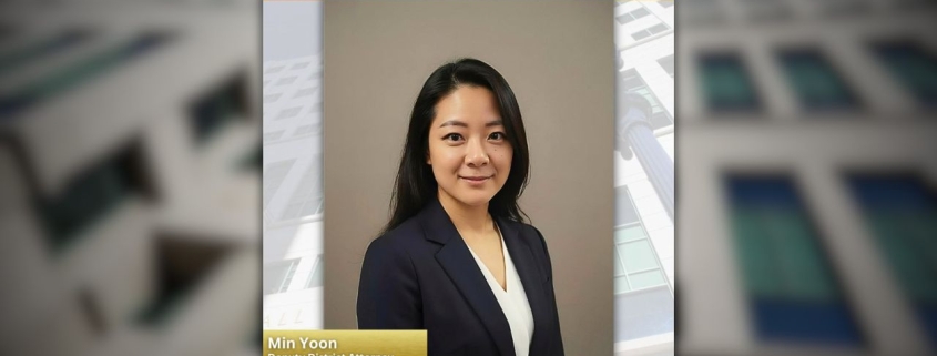 Photo of Deputy District Attorney Min Yoon with her name and title below with a backdrop of the Hall of Justice building.
