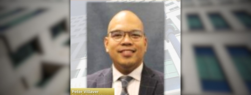 Photo of Deputy Crime Analysis Administrator Peter Villaver with his name and title below with a backdrop of the Hall of Justice building.