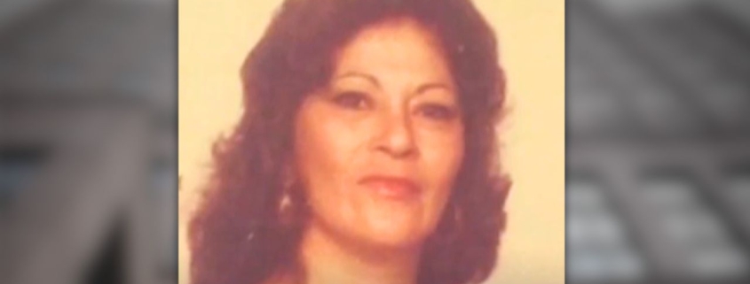 Photo of woman who was victim of cold case homicide, with her name written in white text below the photo: Margaret Orozco Jackson, 47.
