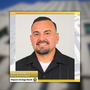 Headshot of Felix Salazar in a black jacket and white shirt, smiling against a light background; a lower-third label reads “Felix Salazar, Senior DA Investigator” and “Hispanic Heritage Month.”