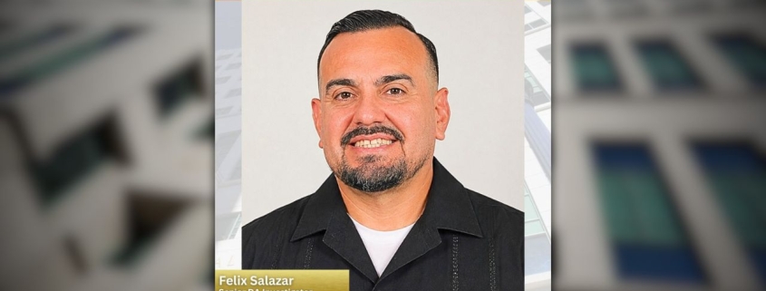 Headshot of Felix Salazar in a black jacket and white shirt, smiling against a light background; a lower-third label reads “Felix Salazar, Senior DA Investigator” and “Hispanic Heritage Month.”