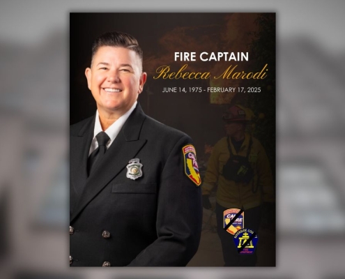 Funeral memorial poster for “Fire Captain Rebecca Marodi” with a smiling firefighter in a dark uniform on the left, fire department patches on his chest, and the dates “June 14, 1975 – February 17, 2025” on a dark background.
