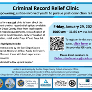 Photo of flyer announcing free virtual Criminal Record Relief Clinic this Friday, January 29, 2021 and how to register online.